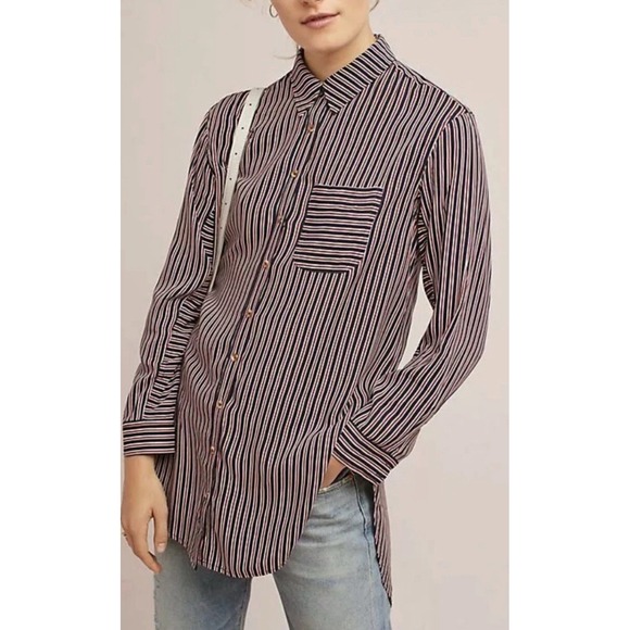 NWT Maeve Adelaide Poplin Button Top Shirt Womens XS Red White Blue Stripe Rayon - Picture 1 of 11